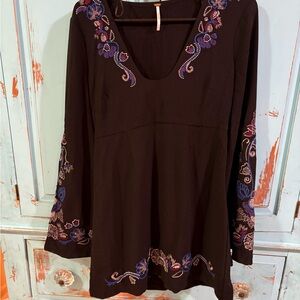 Free People Black Dress with Purple and Blue Embroidery